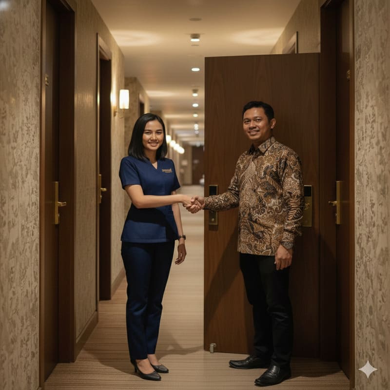 Terapis Pijat Wanita Panggilan Cimahi By Peuseul.com sedang bersalaman dengan pelanggan pria